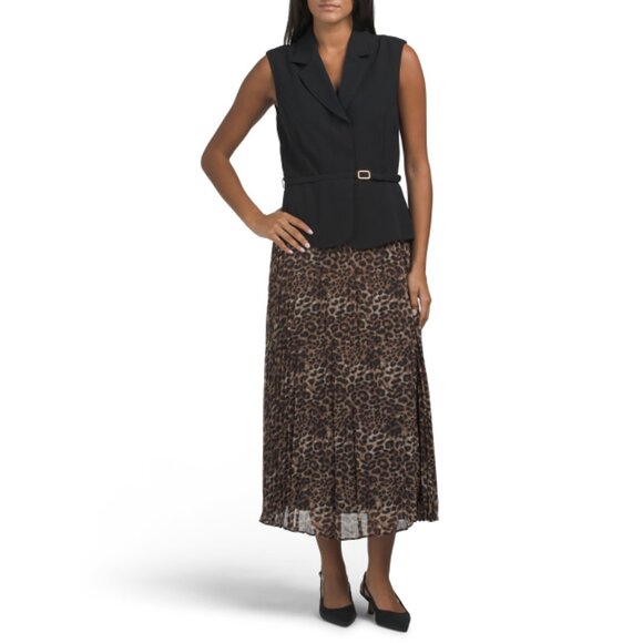 JULIA JORDAN BLACK/BROWN Belted Vest Animal Pleated Dress - Picture 1 of 2